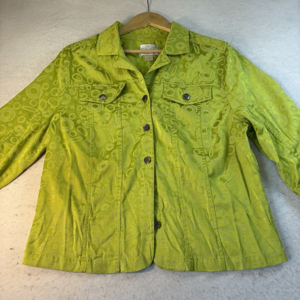 CJ Banks Women's XL Jacket Stretch Green Circle Pattern 3/4 Sleeve Casual